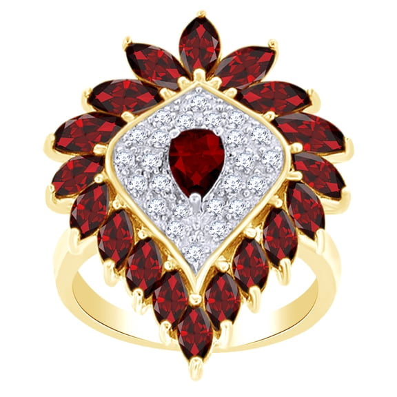 AFFY 4.39 Ct Pear Shape Simulated Garnet & White Zirconia Cluster Ring in 14k Yellow Gold Over Sterling Silver Ring Size - 4