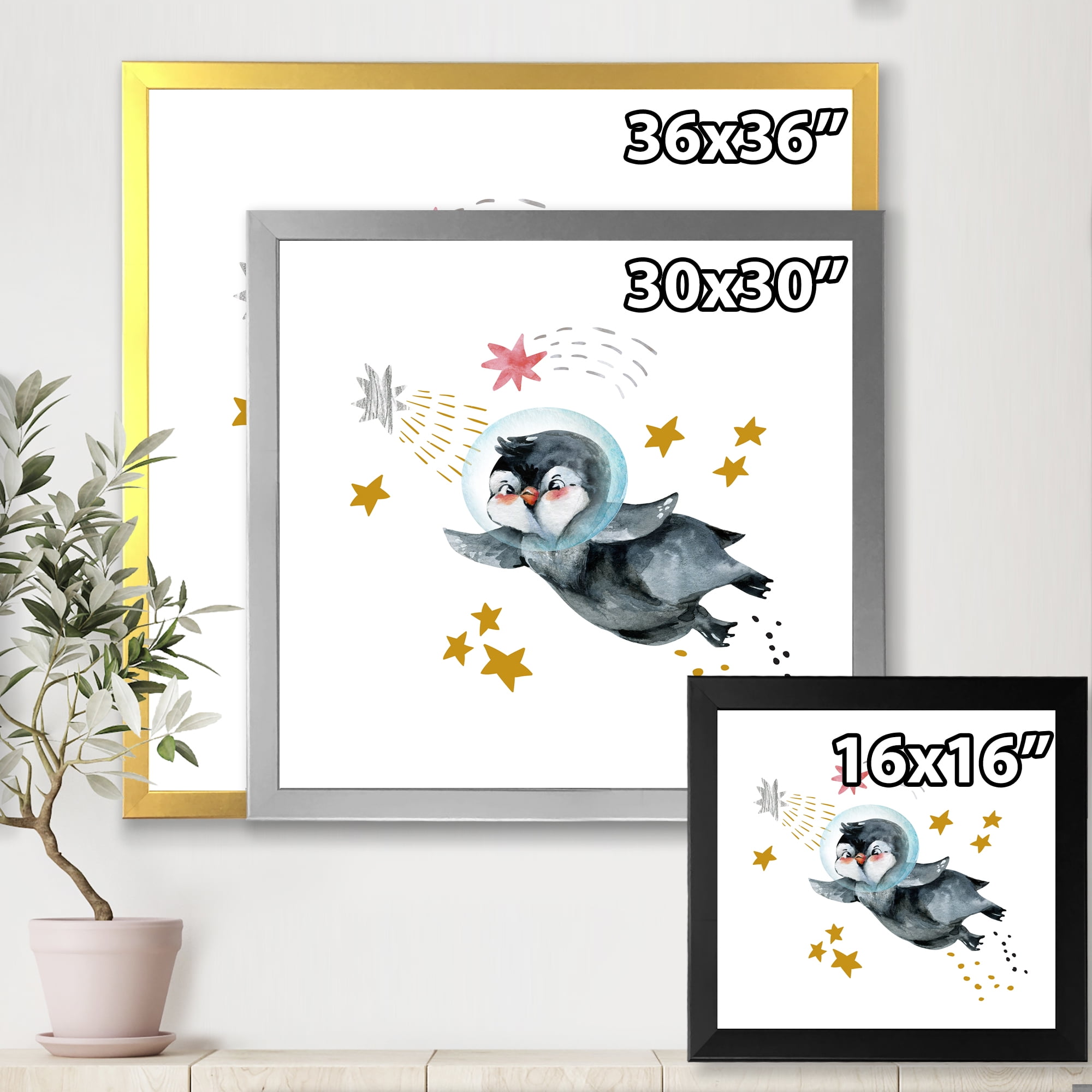 Designart 'Little Penguin Flying Planets and Stars I' Farmhouse Framed Art Print