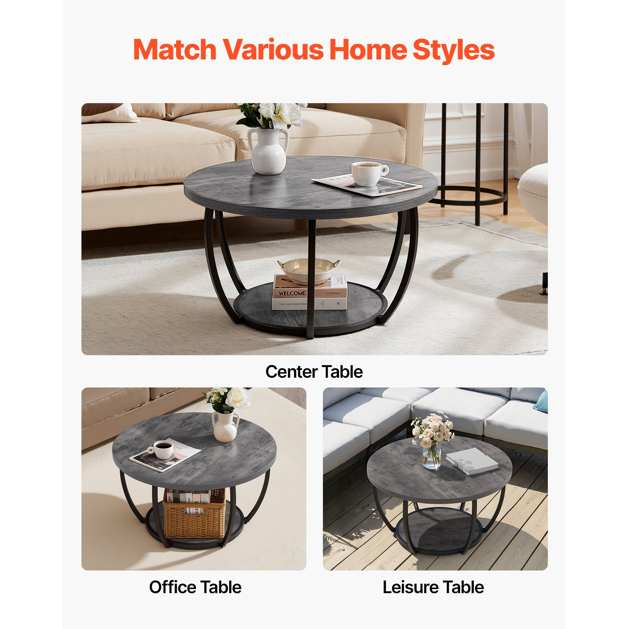 KFFKFF Round Coffee Table, Modern 2-Tier Wooden Center Table with Open Storage, Minimalist Design with Sturdy Metal Frame for Living Room or Office, Easy to Assemble, Grey