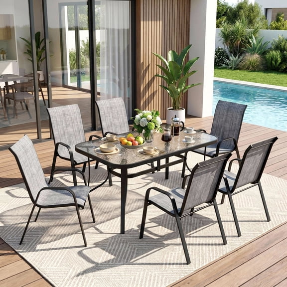 Arlopu 7 Pieces Patio Furniture Set, Outdoor Dining Table & 6 Textilene Chairs for Garden Backyard, Gray