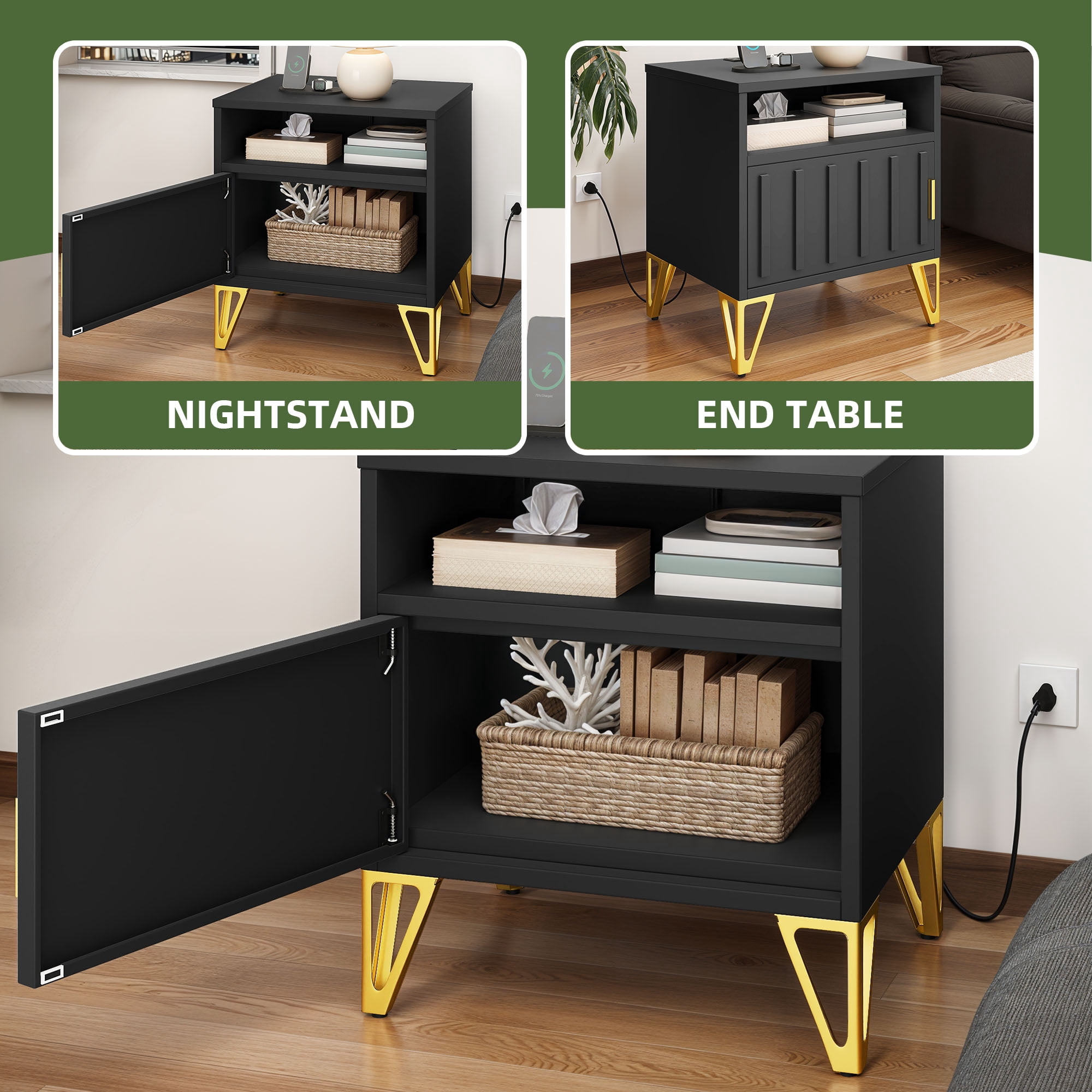 Uforic Metal End Table with Charging Station & Door for Living Room, Black