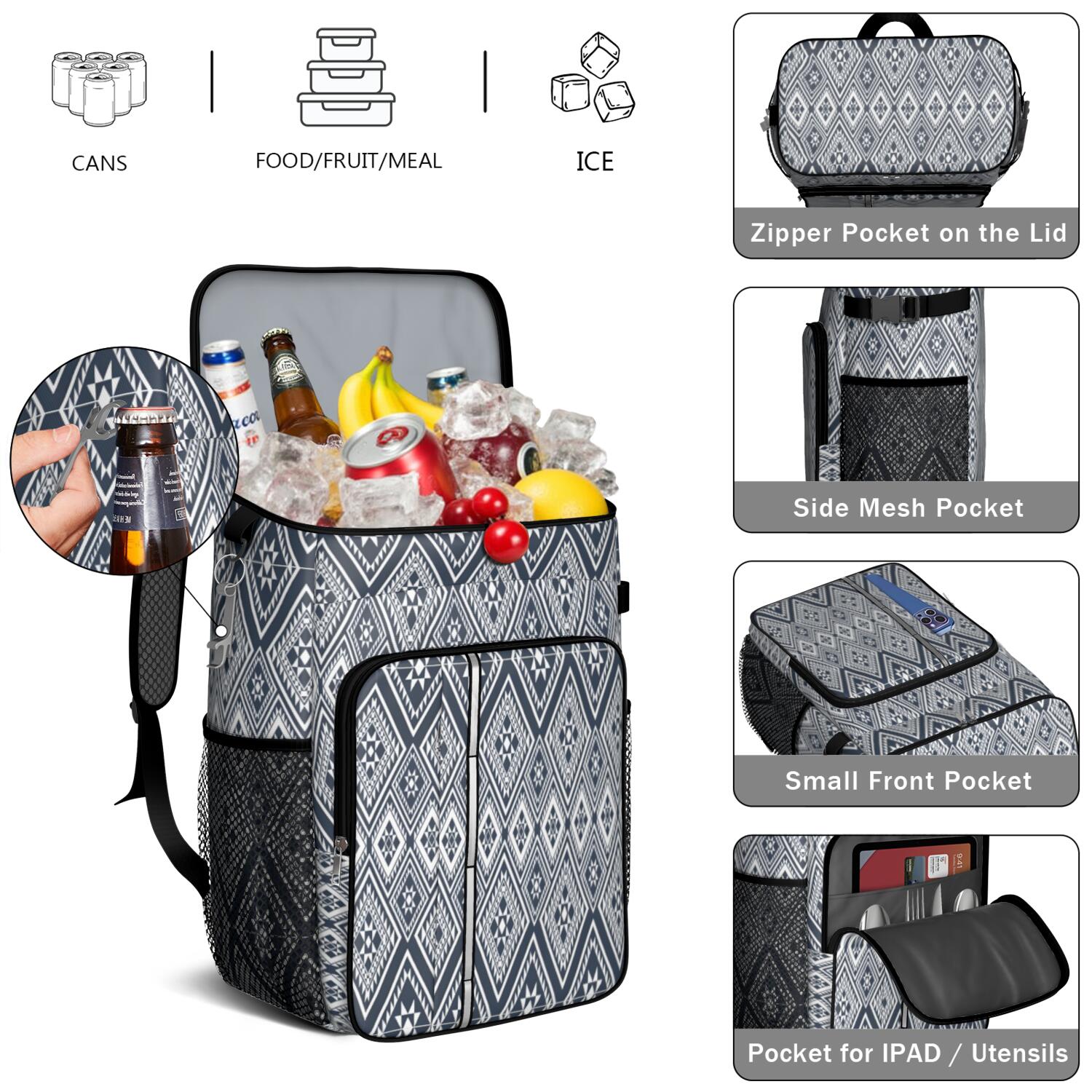 Travel Cooler Bag - Boho Bohemia Pioneer Flower Geometric Line Art Camping Beer Cooler Backpack with Bottle Opener- Waterproof Insulated Picnic Backpacks - Cooler Bag for Beach