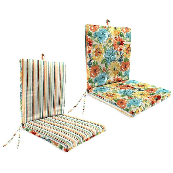 Jordan Manufacturing 44" x 21" Mojo Squash Multicolor Stripe and Reesa Squash Multicolor Floral Reversible Rectangular Outdoor Chair Cushion with Ties and Hanger Loop