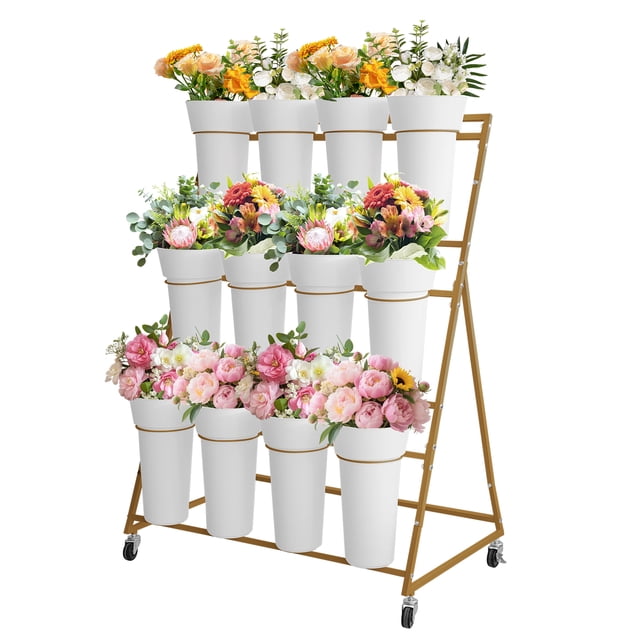 Yiwa Heavy Duty 3-Tier Metal Flower Stand features 12 Removable Round Buckets, Wheeled Multi-Layer Mobile Plant Display Rack for Indoor and Outdoor Use in Florist Shops, Gardens, Patios, Weddings