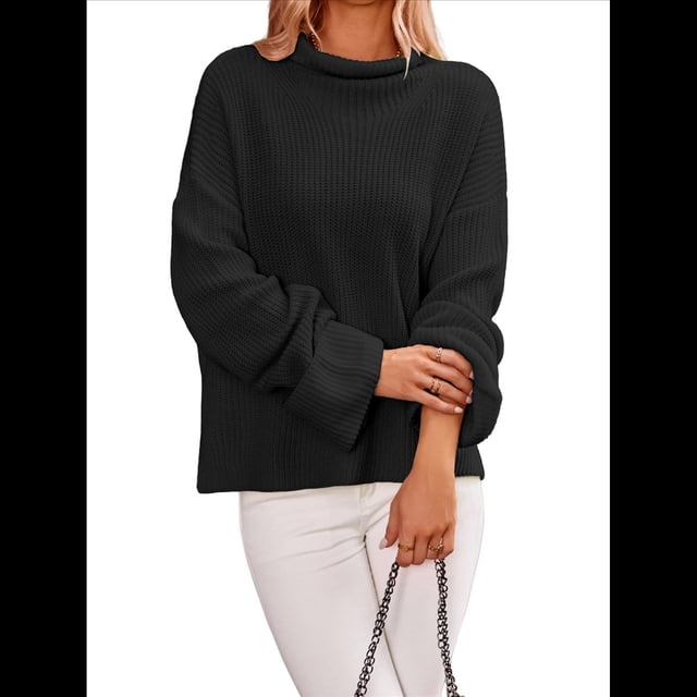 Suéteres de Cuello Redondo para Mujer, Conjuntos de Otoño, Suéteres de Punto con Cuello Redondo y Abertura Lateral, Tops de Moda. Negro M