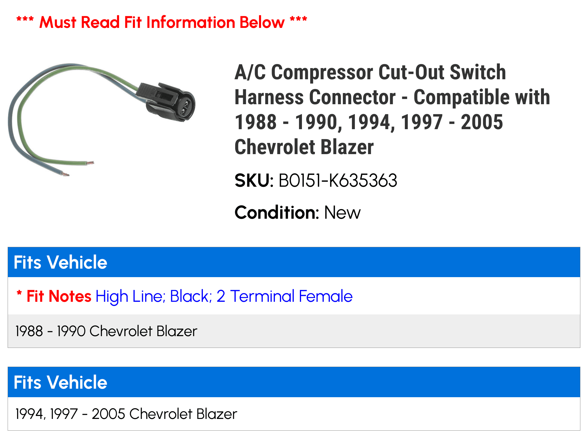 A/C Compressor Cut-Out Switch Harness Connector Fits K5 Blazer 1983-1986 63ZSPB | UK