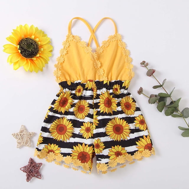 EGNMCR Rompers for Kids Toddler Kids Girl Vest Backless Sunflower Printed Romper Clothes Sunsuit Outfits Kid Rompers