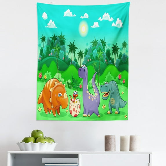 Cartoon Tapestry, Funny Dinosaurs and Tropical Rainforest Jungle Green Landscape Theme, Fabric Wall Hanging Decor for Bedroom Living Room Dorm, 5 Sizes, Multicolor, by Ambesonne