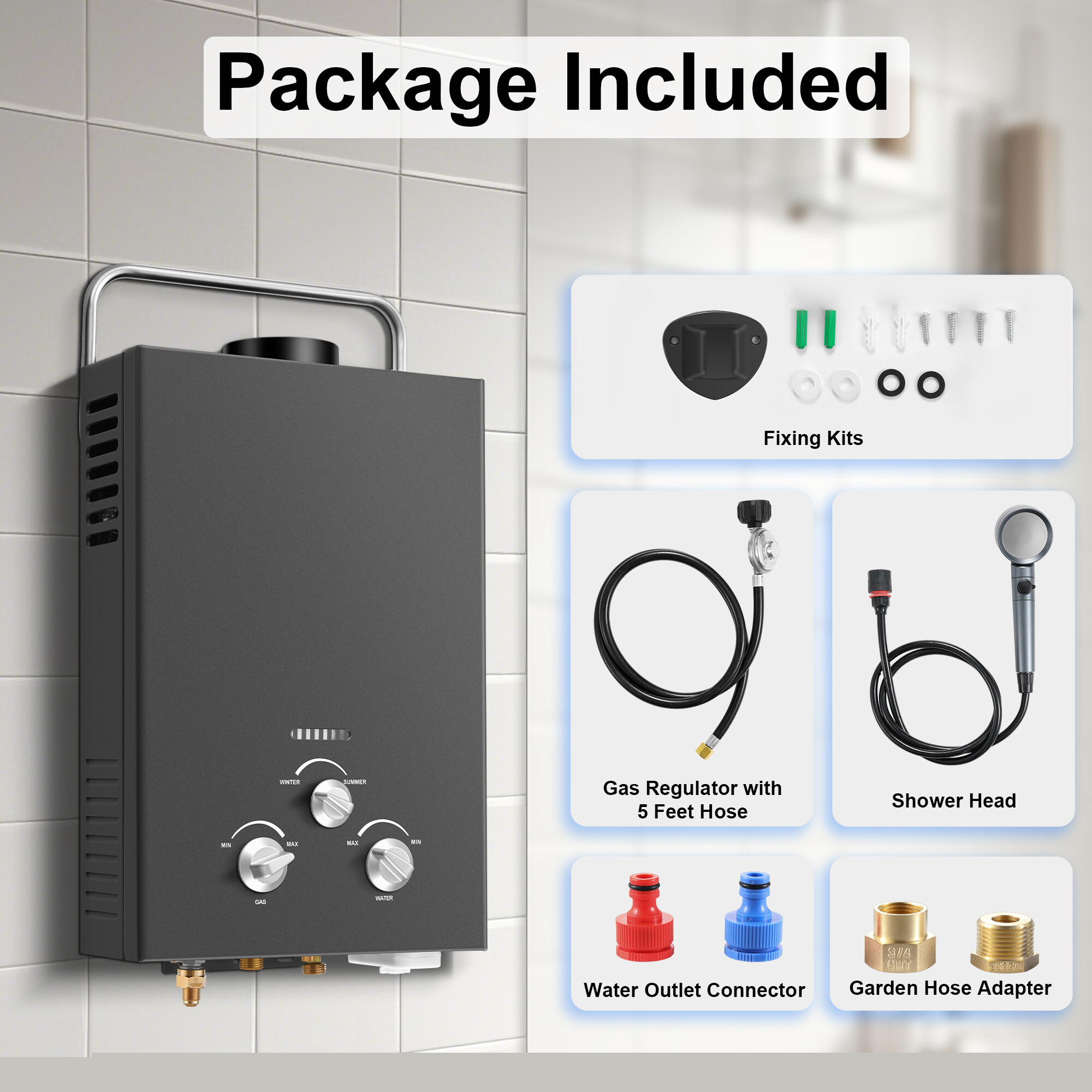 6L Portable Natural Gas Tankless Water Heater, 1.58GPM Instant Hot Shower for Camping/RV, 40K BTU, Black
