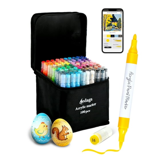 100 Colors Acrylic Paint Pens with Free App, Dual Tip Acrylic Paint Markers with Brush Tip and Fine Tip for Adults, Kids, Eggs, Wood, Rock, Canvas, Plastic, Stone, Glass, Ceramic