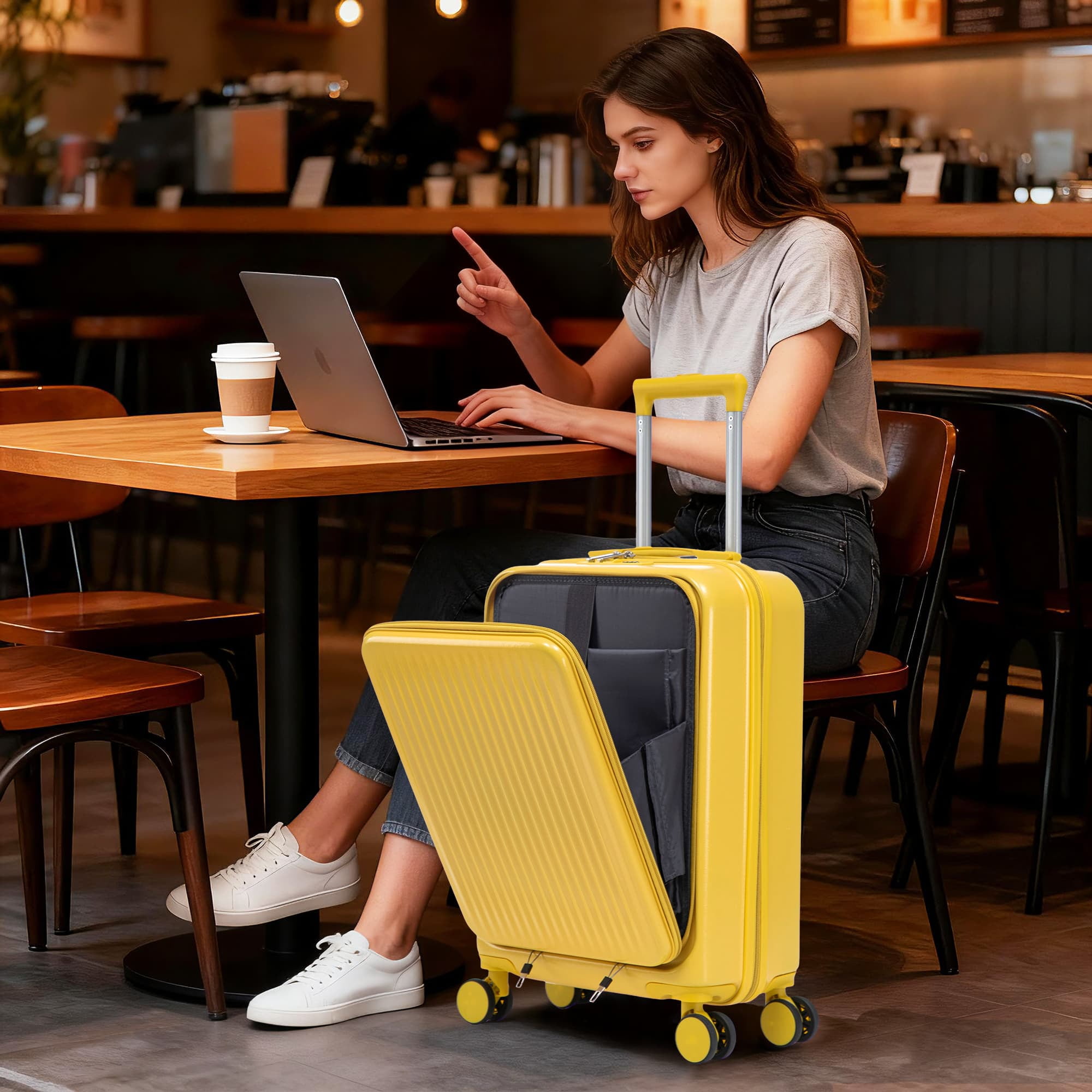 Leumius 2 Piece in ABS Spinner WheelLuggage Sets, HardsideSuitcase with CombinationLock,20 inch Carry OnLuggage 14 inch CosmeticCase,Yellow