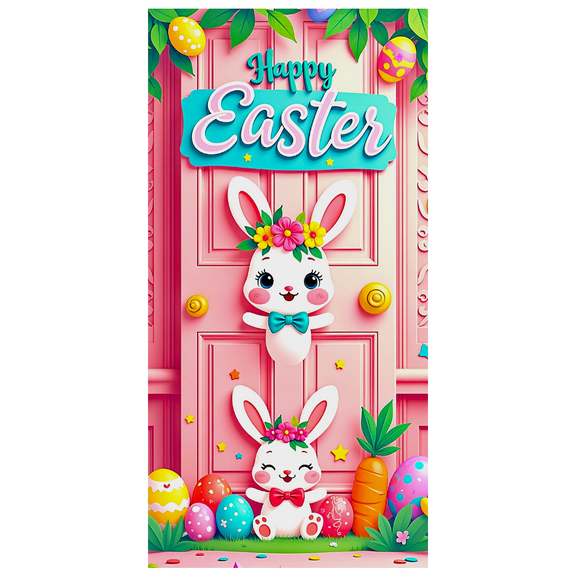 Cute Bunny Themed Happy Easter Banner Background Party Decors Backdrop for Easter Celebrations Family Gatherings Egg Hunts Photo Booths
