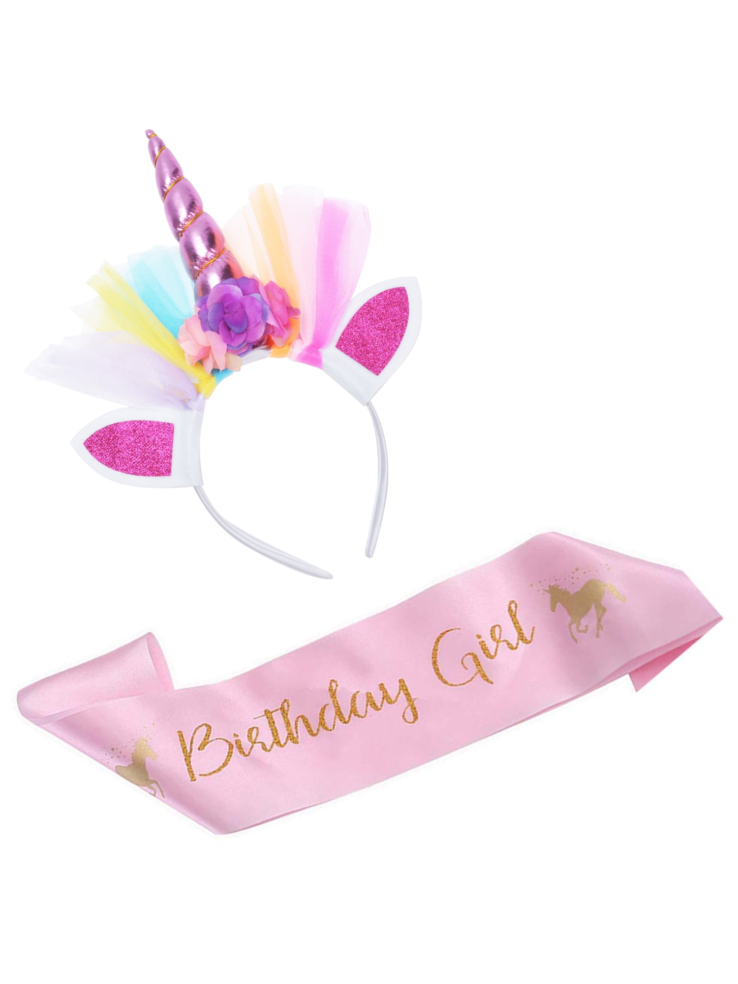 Unicorn Happy Birthday Girl Set of Gold Glitter Unicorn Headband Pink Satin Sash for Girls Happy Birthday Unicorn Party Favors Supplies Theme Decorations