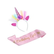 LaRibbons Unicorn Birthday Girl Set of Purple Unicorn Headband and Pink Satin Sash Birthday Party Supplies Favors Decorations