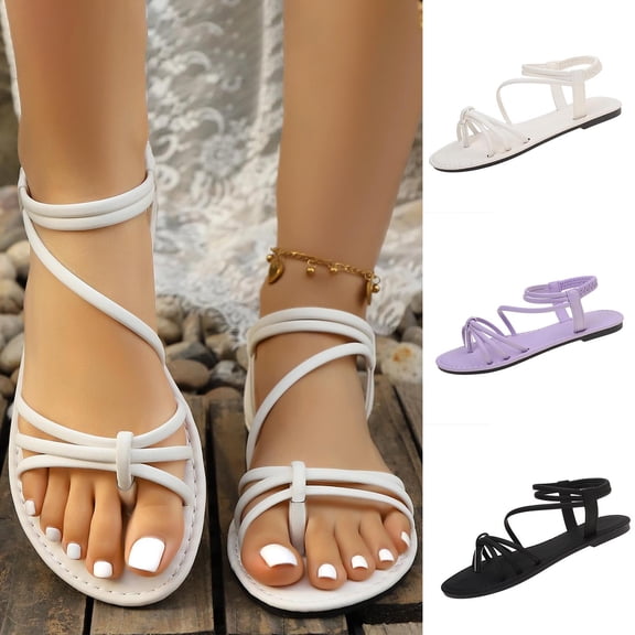 Womens Sandals Gladiator Flat Sandals Casual Fashion Adjustable Elastic Ankle Strap Open Toe Soft Sole Shoes for Summer Daily Walking