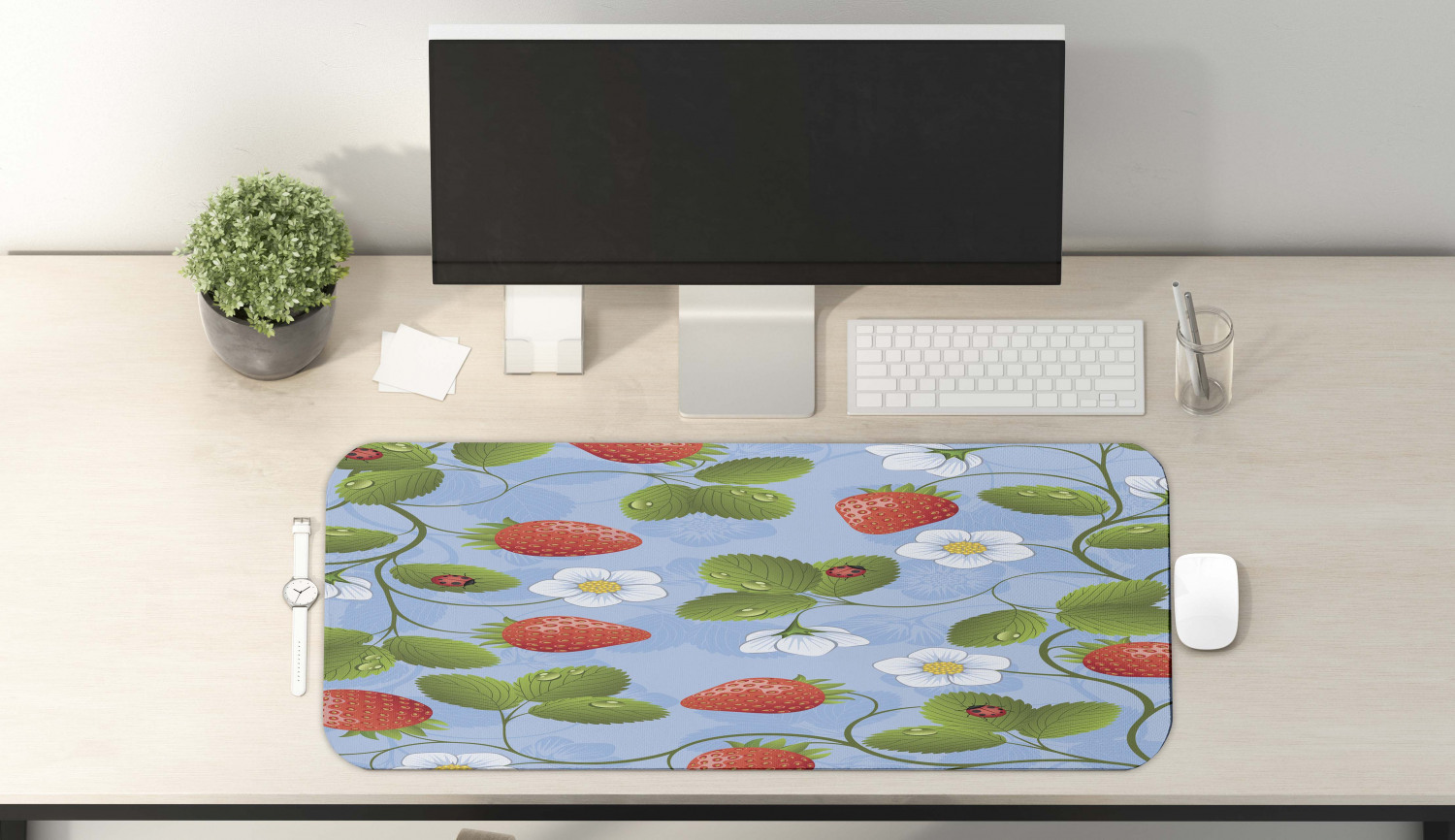 Ladybugs Computer Mouse Pad, Strawberries Daisies and Ladybugs Looks Like Ivy Plant Spotted Insects Image, Rectangle Non-Slip Rubber Mousepad Large, 31" x 12", Blue Green Red, by Ambesonne - image 2 of 2