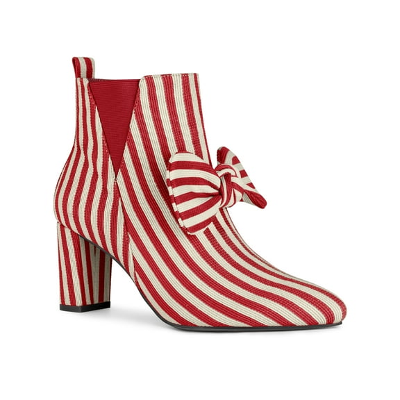 BLISSFUL STEP Women's Pointed Toe Bow Striped Chunky Heel Ankle Boots Red 8