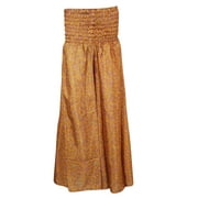 Mogul Women's Maxi Skirt Brown Vintage Silk Sari Smocked Waist Divided Skirts