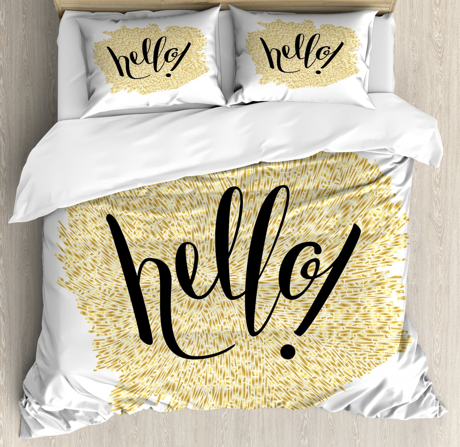 Hello King Size Duvet Cover Set Brush Pen Lettering Hello In Black With Gold Color Mosaic Looking Background Decorative 3 Piece Bedding Set With 2 Pillow Shams Black White Gold By Ambesonne