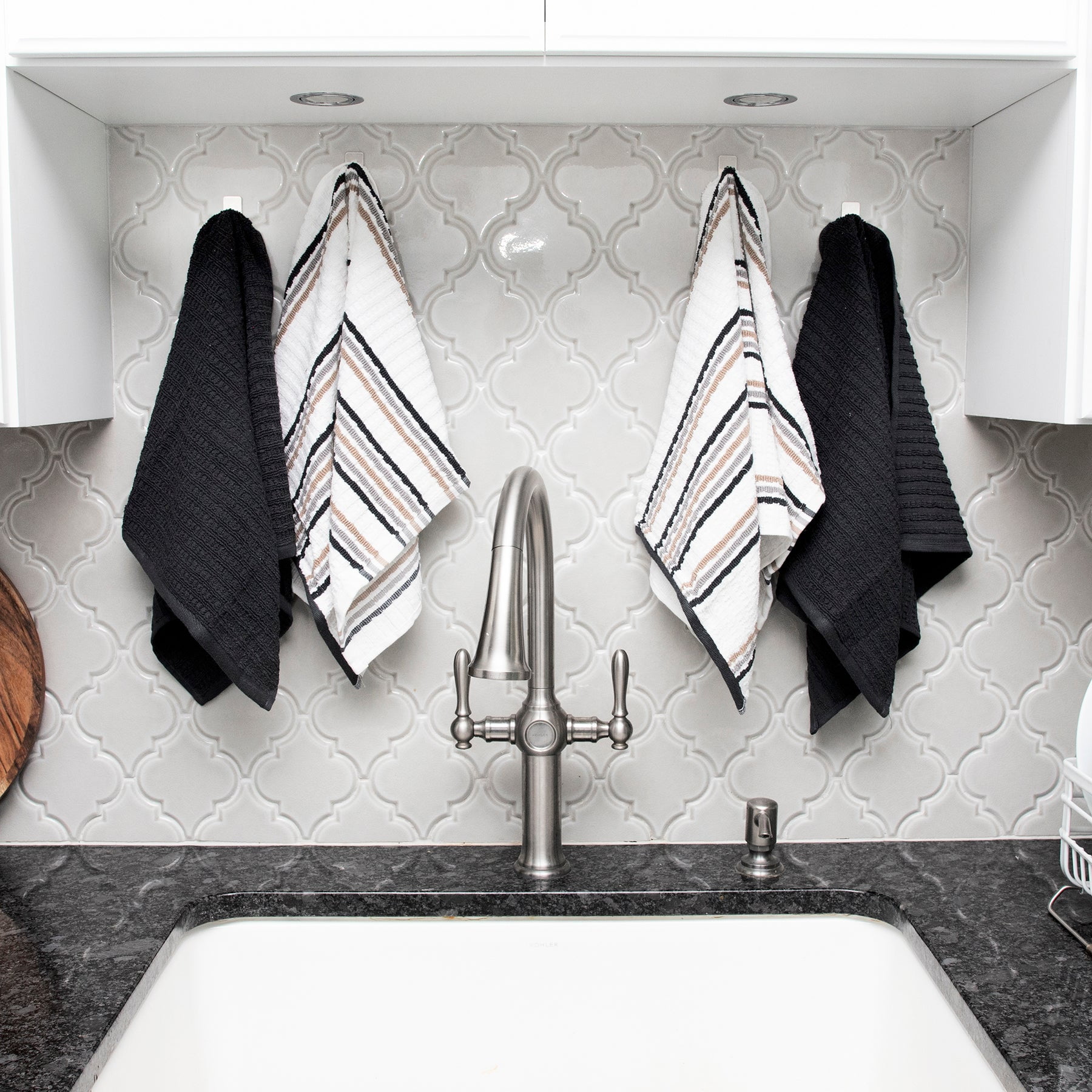 T-Fal Solid & Stripe Premium Kitchen Towels, 4-Pack, Charcoal