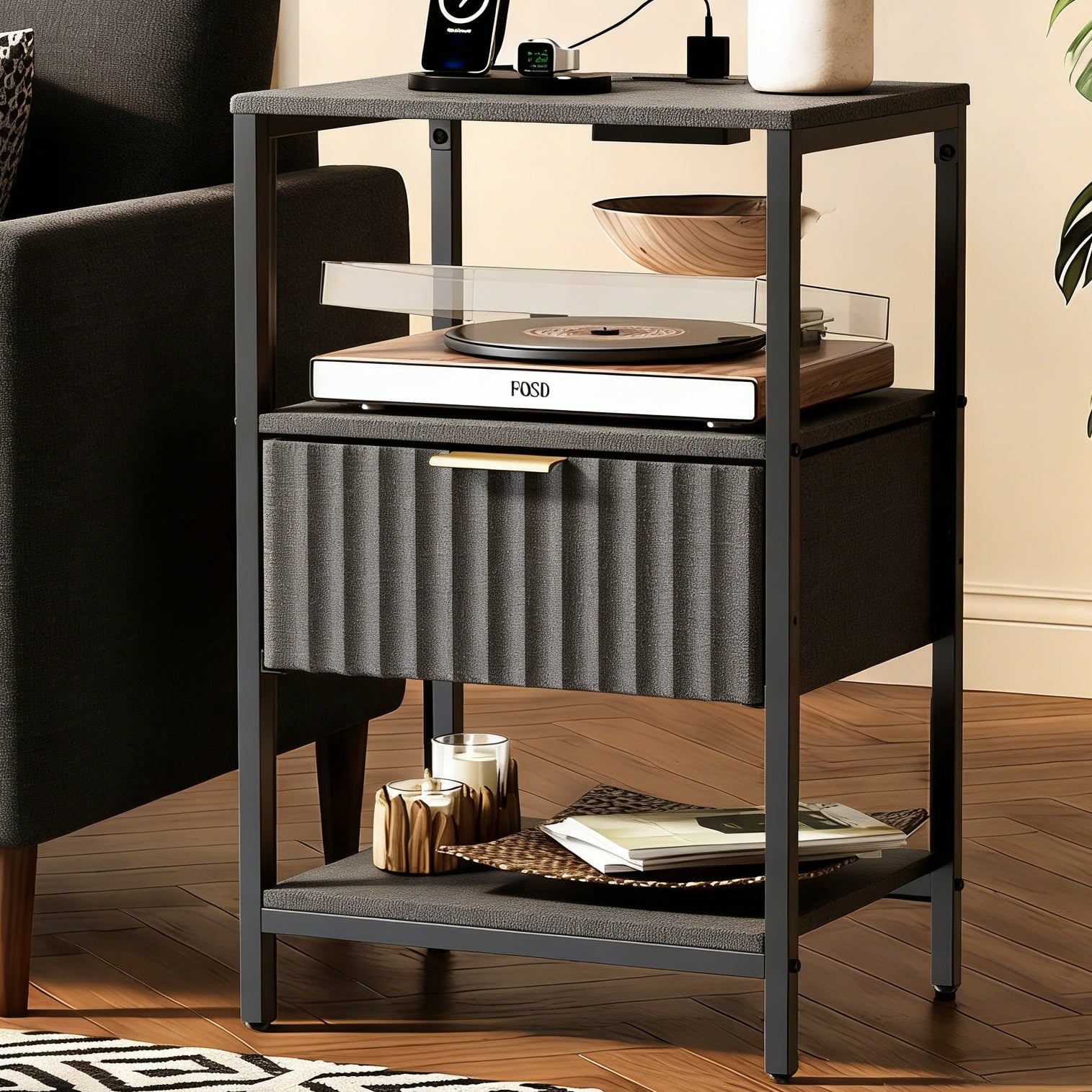 Ktaxon Fluted Nightstand with Charging Station End Table with Drawers Bedside Table Furniture for Bedroom, Living Room, Black