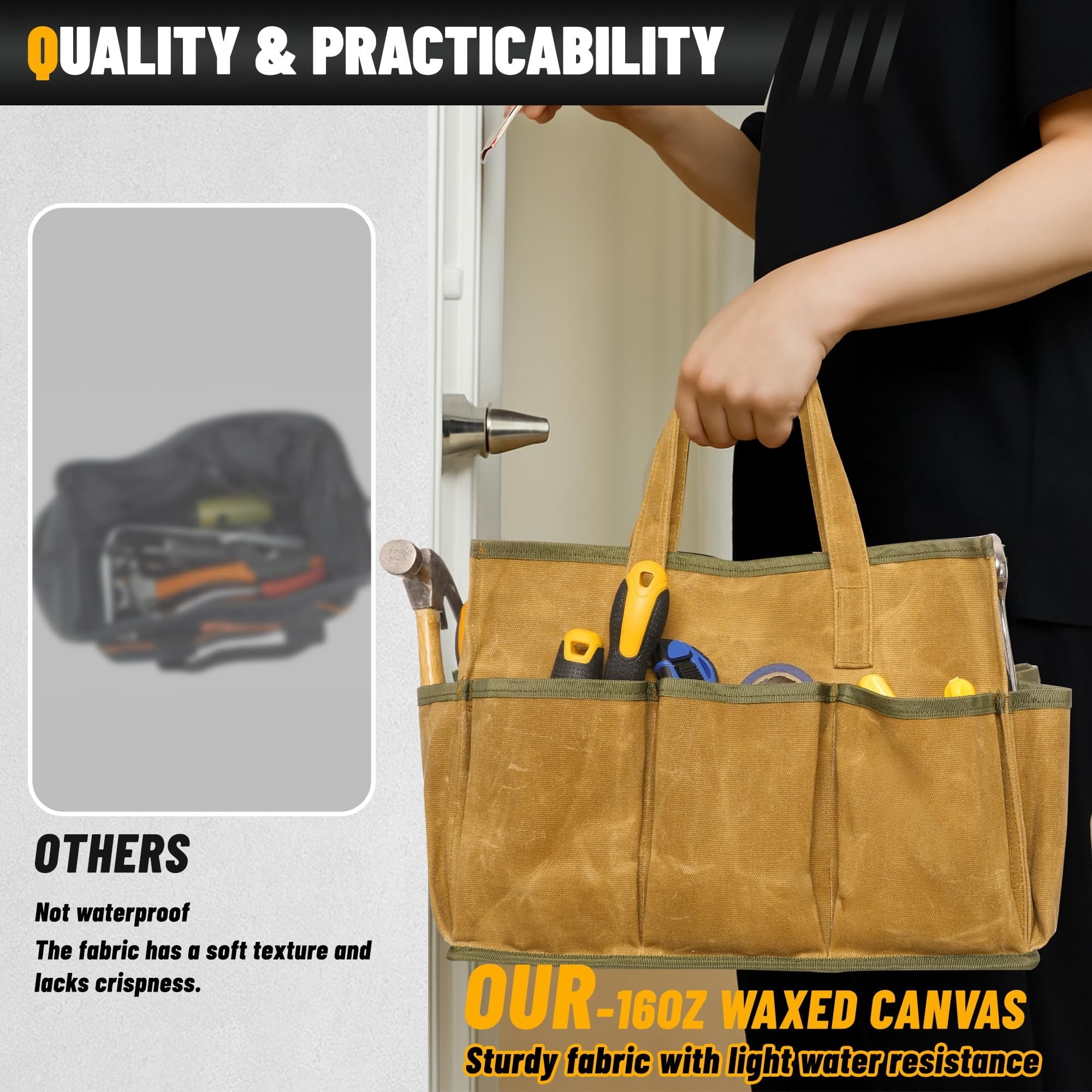 Lohol 16OZ Waxed Canvas Tool Tote Bag for Garden Tools Wrench Set & Screwdrivers | 11-Pocket Garden Tool Bag with Portable Handles, Multi-Purpose Tool Storage Organizer (14"L x 5.5"W x 10.5"H) – Grey