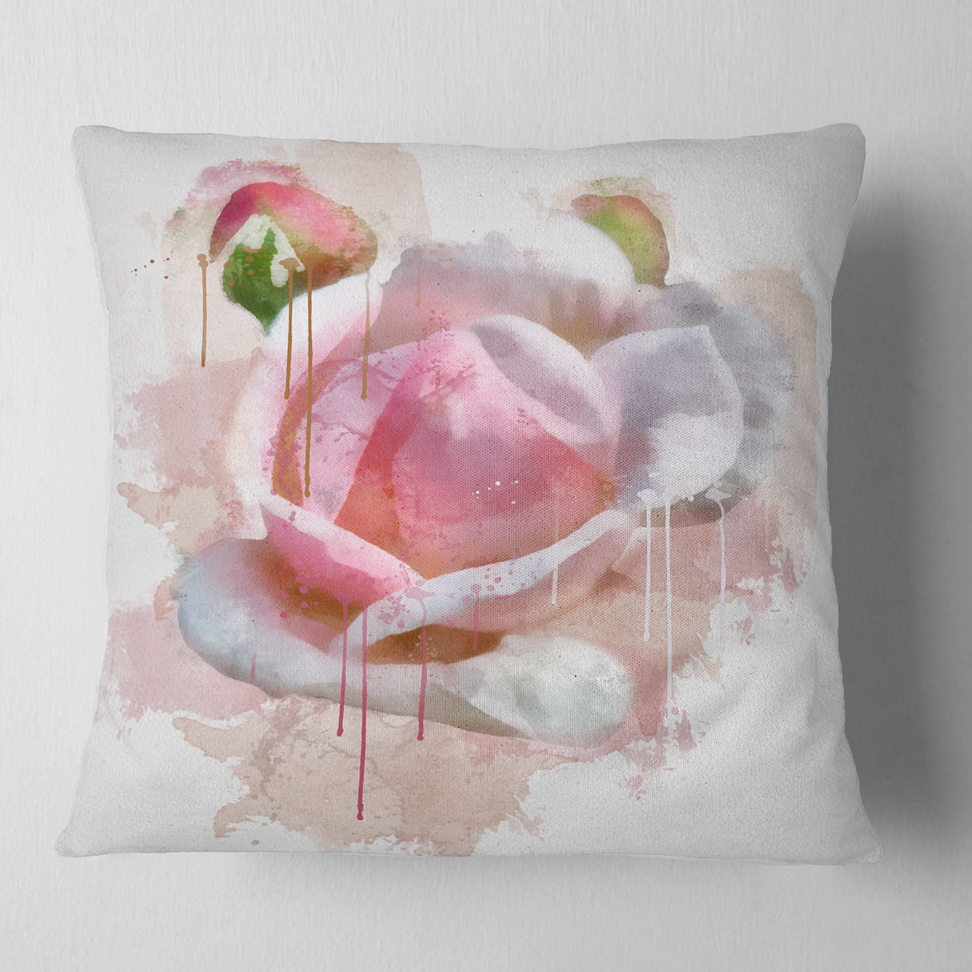 Designart Pink Rose Flower with Paint Splashes - Floral Throw Pillow - 16x16