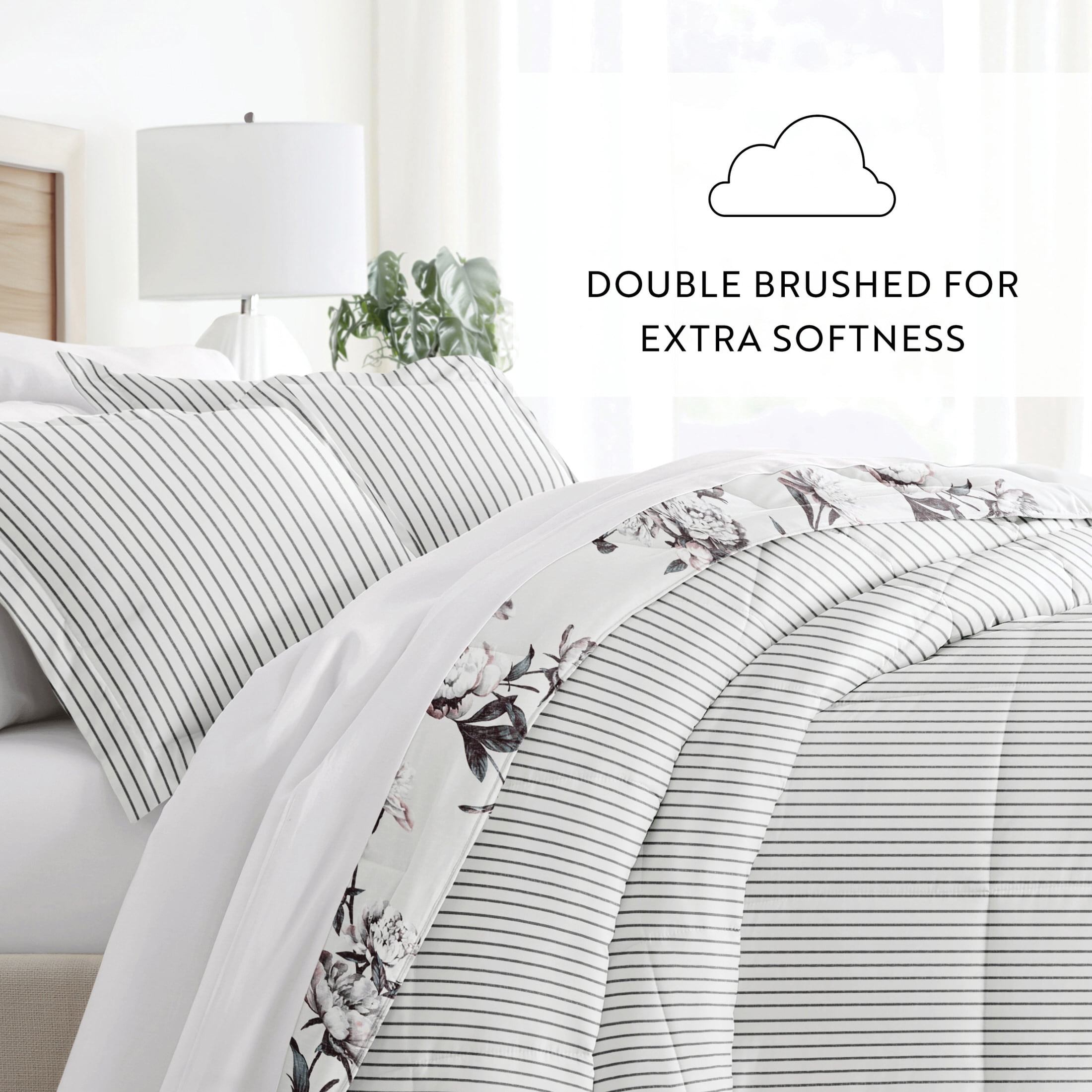 Noble Linens Down Alternative Vintage Magnolia Stripe Gray Reversible Comforter Set