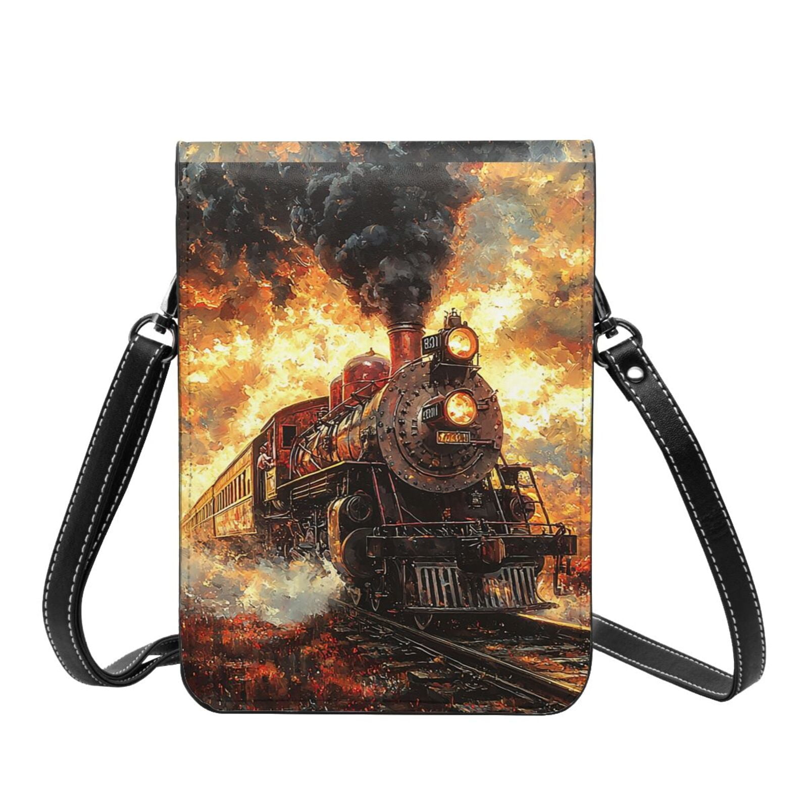 Retro Steam Train Vintage Cell Phone Purse Small Crossbody Bag with Strap Credit Card Slots Leather Shoulder Wallet for Women