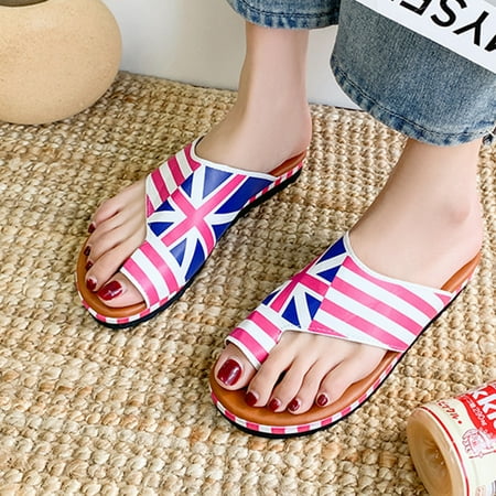 

YOTAMI Sandals for Women 2022 Women Independence Day Sunflower Printing Slope Heel Flat Toe Shoes Sandals Red