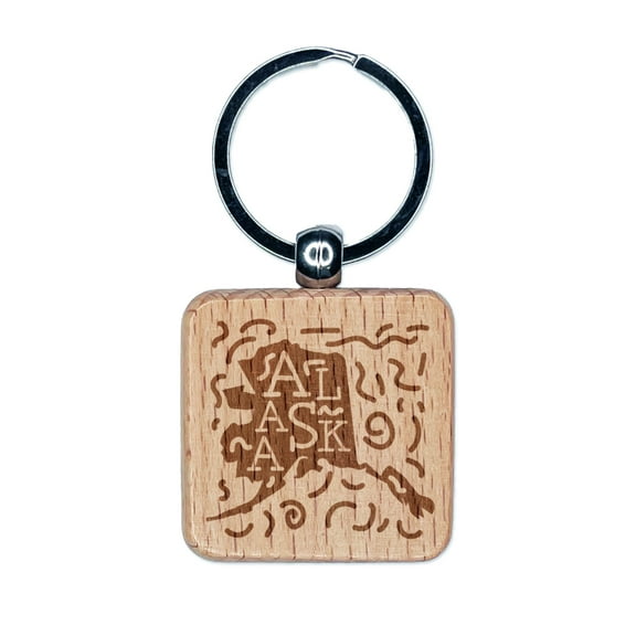 Alaska State with Text Swirls Square Keychain Charm Tag - Engraved Wood