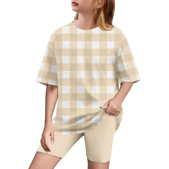 Spazoro Little & Big Girls Leisure Outfit Sets, Plaid Summer Crew Neck 2-Pieces Short Sleeve Shirt and Shorts Sets Khaki Size 5 T