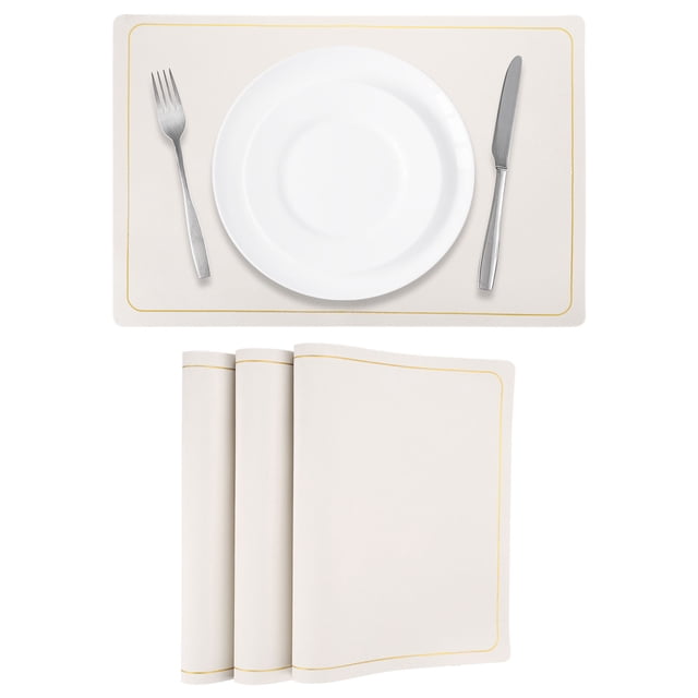 4 Pcs Manteles Individuales de Cuero Sintético para Mesa de Cena, Manteles Rectangulares Resistentes al Calor (Línea de Oro Blanco)