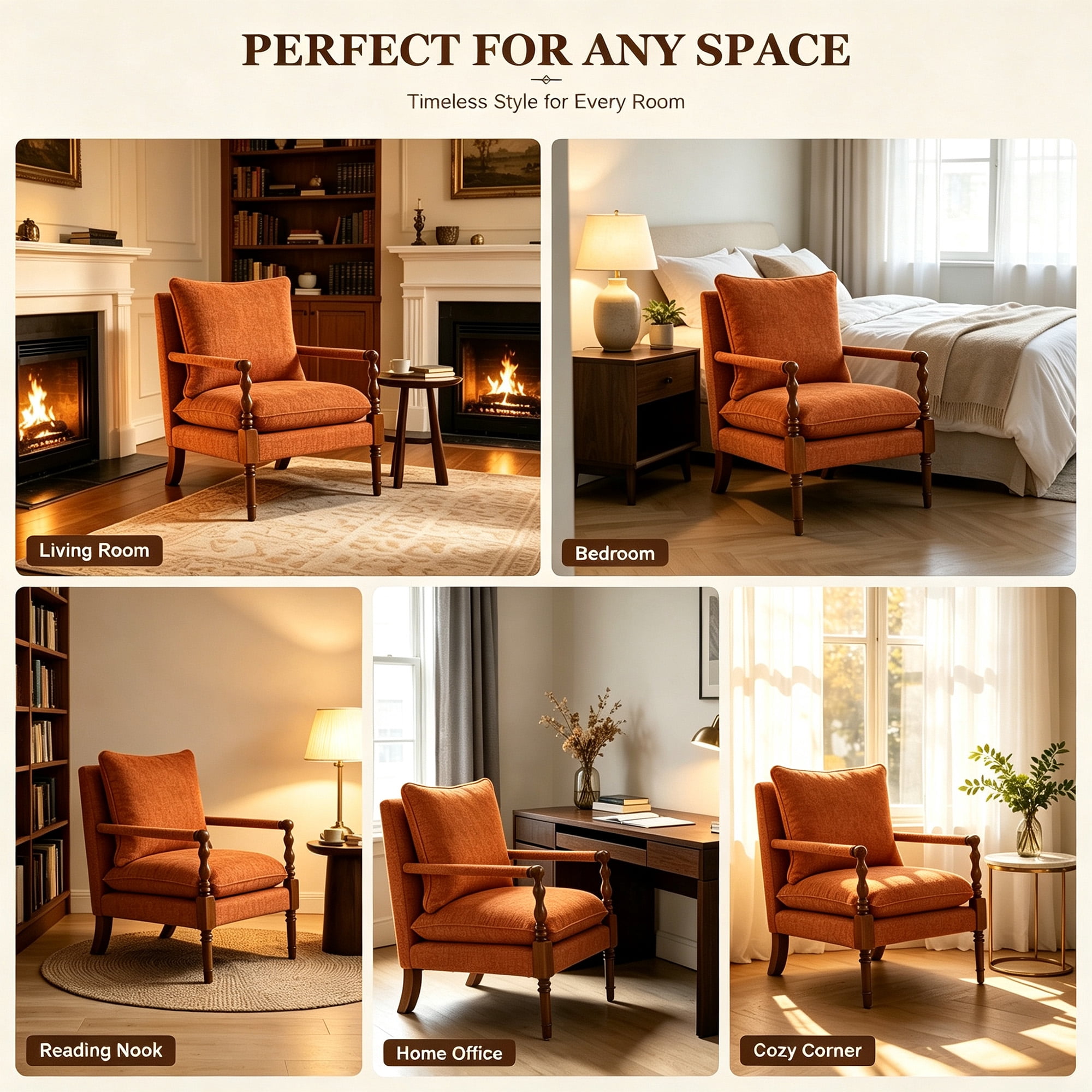 Mid-Century Modern Spindle Armchair,Linen Accent Chair with Cushion & Wood Frame for Living Room Bedroom Office,Orange