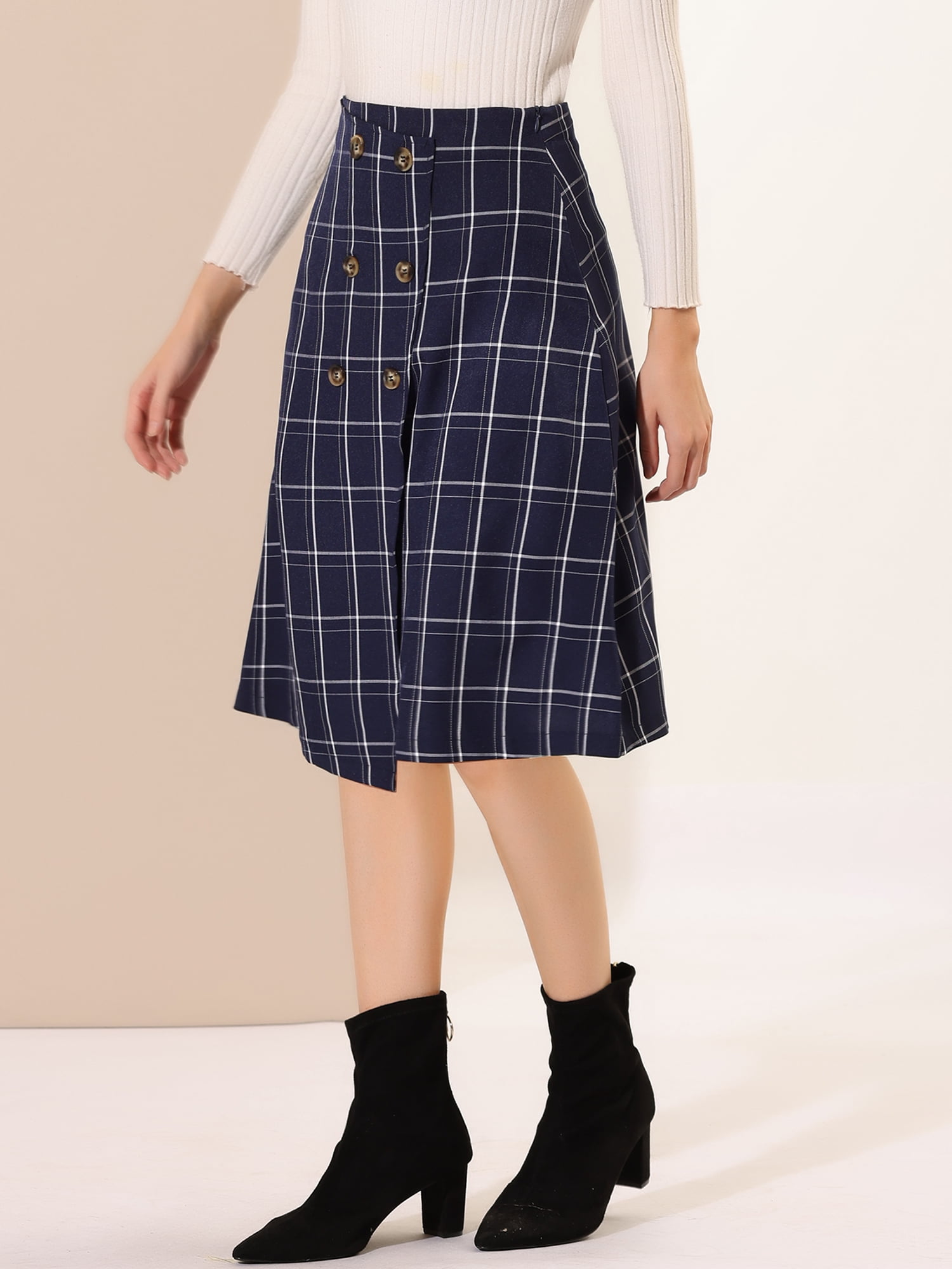 Unique Bargains Women's Plaid Vintage Wrap Button Front Knee Length High Waist Skirt XL Blue