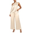 thumbnail image 5 of LEKWK Two Piece Sets for Women Dressy Satin One Shoulder Short Sleeve Top and High Waist Wide Leg Pants Summer Vacation Wedding Guest Outfits, 5 of 6