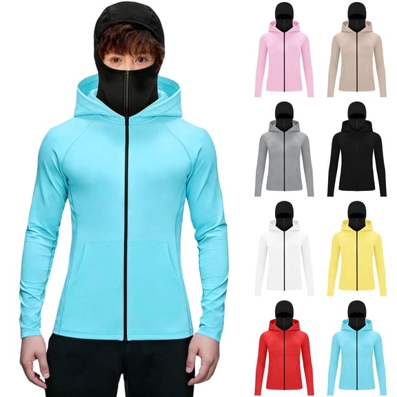 Teen Summer Balaclava Hoodie Jackets Sun Protection Long Sleeve Zip Up Double Hooded Coats Kids Casual Loose Solid Color Outwear