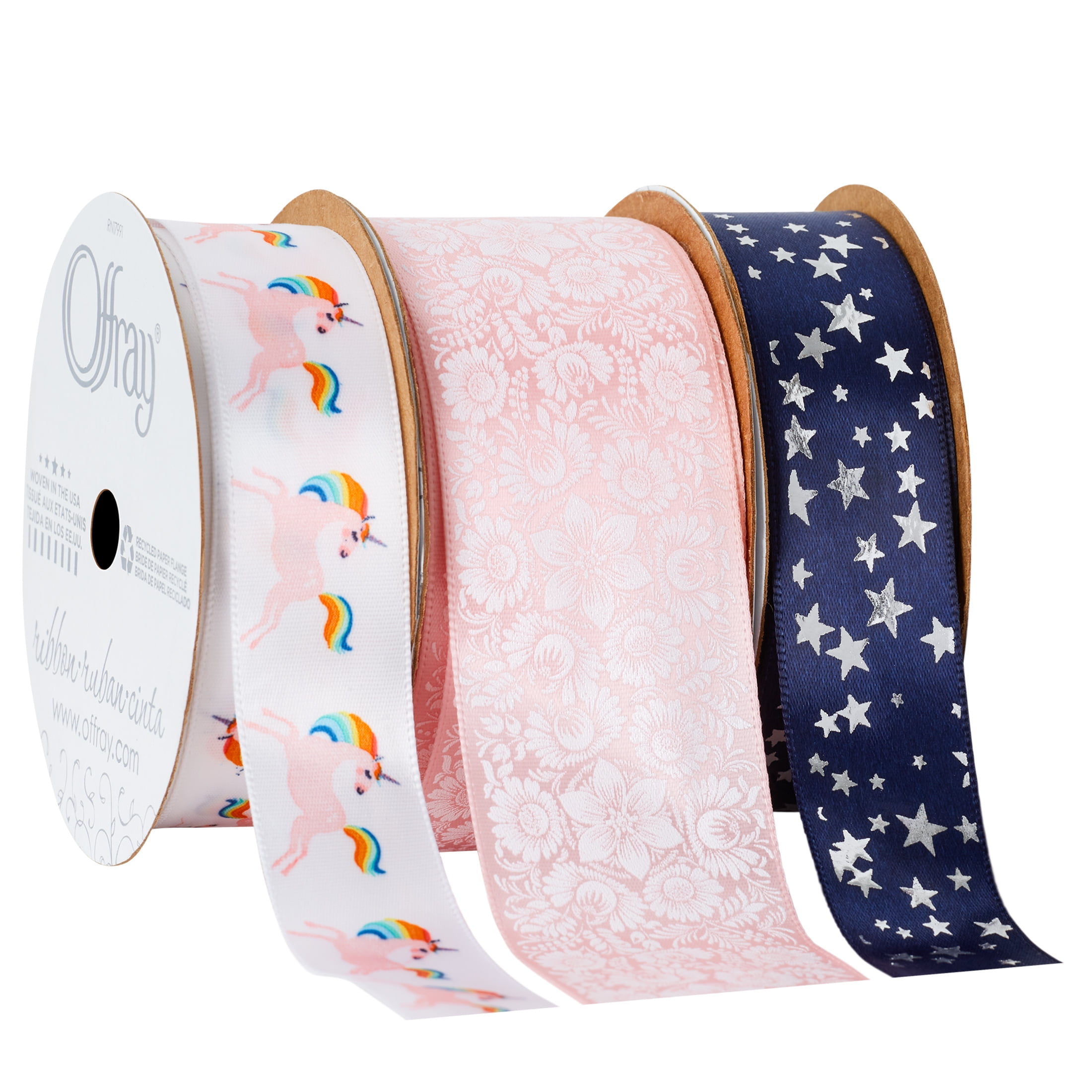 (3 pack) Offray Ribbon, White 5/8 inch Floral Jacquard Ribbon for Wedding, Crafts, Gifting, 9 feet, 1 Each