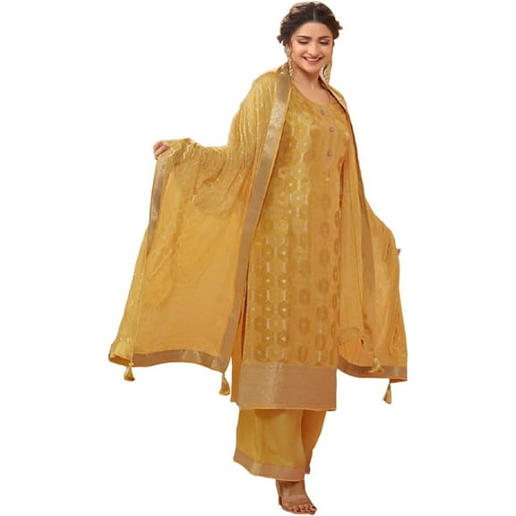 Wedding Wear Pakistani Shalwar Kameez Suits Indian Designer Swen Plazo Dress ( Yellow, XL - 44 )