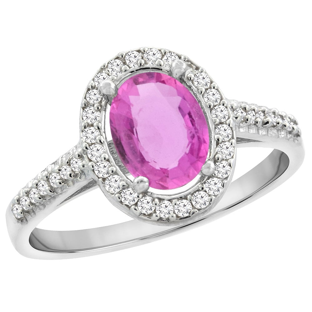 14K White Gold Natural Pink Sapphire Engagement Ring Oval 7x5 mm Diamond Halo, size 5.5 by Gabriella Gold
