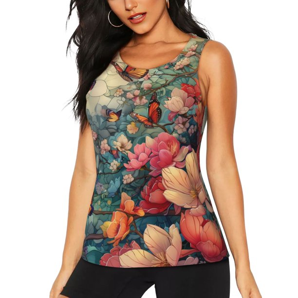 Balery Butterflies In Blooming Garden Camiseta sin mangas estampada ligera para mujer, tops de entrenamiento sin mangas, camisetas de yoga transpirables de secado rápido.-Large