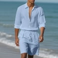 thumbnail image 3 of Hrsba Men Outfits 2 Piece Set, Solid Color Linen Button Lapel Long Sleeve Shirt and Drawstring Elastic Waist Shorts Summer Beach Set, 3 of 5