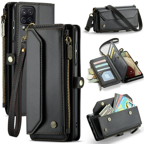 Crossbody for Samsung Galaxy A12 Case Wallet【RFID Blocking】with 10-Card Holder Zipper Bills Slot, Soft PU Leather Magnetic Shoulder Wrist Strap for Galaxy A12 Wallet Case Women