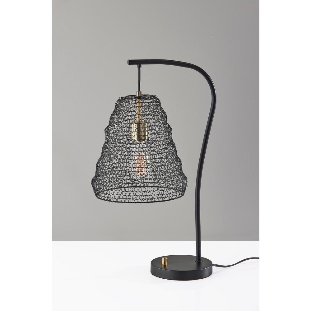 Adesso Sheridan Table Lamp, Black with Antique Brass Accents, Metal Wire Mesh Shade