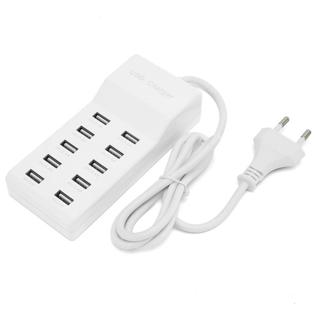 Tbest Station de Recharge USB 10 ports Murale Alimentation Rapide Intelligente Charger for Multiple Devices avec Prise EU, Présentant un design compact Blanc avec 10 ports USB Étiquetés avec 5V/2.4A pour Charge Rapide. Inclut une Sortie 60W, protection contre les Surcharges, et un Cordon d'Alimentation Blanc avec une Prise EU. Idéal pour Organiser et Charger Multiple Devices Simultanément.