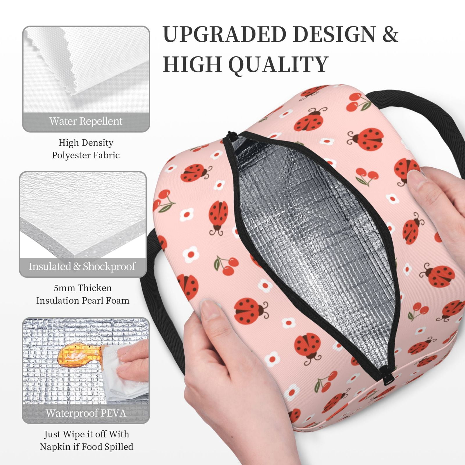 Horeoi Ladybug With Flower Pattern Large Insulated Lunch Bag for Work, School, Picnic - Waterproof, Durable Oxford Cloth, Comfortable Handle-Black
