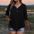 thumbnail image 2 of KyCheLot Women's V Neck Tops Fall Button Plus Size 3/4 Length Sleeve Solid Color Clothes Comfy Loose Hiking Tops, 2 of 6