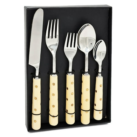 Polka Dot Handle 5-Piece Cutlery Set in Gift Box - Stainless Steel Flatware for Dining Kitchen (Cream & Gold Accents)