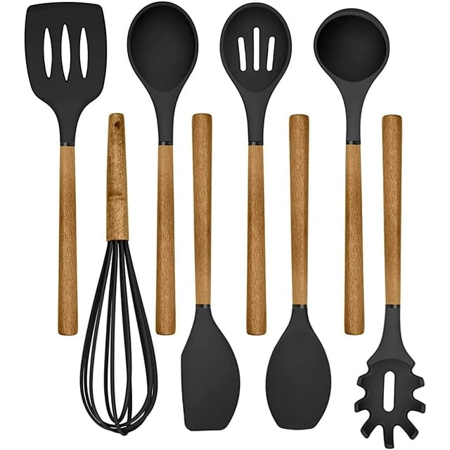 Silicone Cooking Utensils, 8 Pc Kitchen Utensil Set, Easy to Clean Wooden Kitchen Utensils, Cooking Utensils for Nonstick Cookware, Kitchen Gadgets and Spatula Set - Black