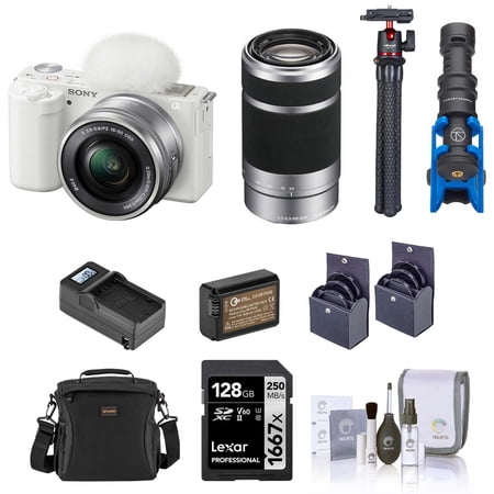 Sony ZV-E10 Mirrorless Vlog Camera with 16-50mm Lens  Black - Bundle with 55-210mm Lens 128GB SD Card Shoulder Bag Mic Tripod Extra Battery Charger 49mm & 40.5mm Filter Kit Cleaning Kit